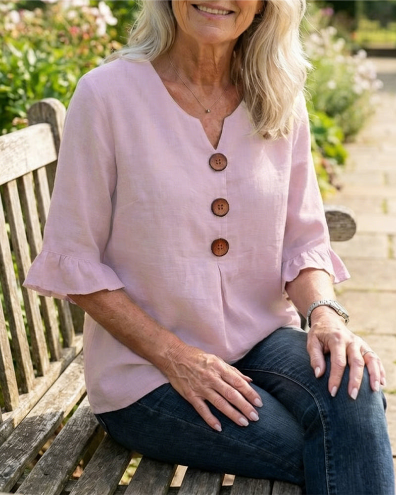 Sophia Blouse in solid cotton-linen with wooden buttons and frill