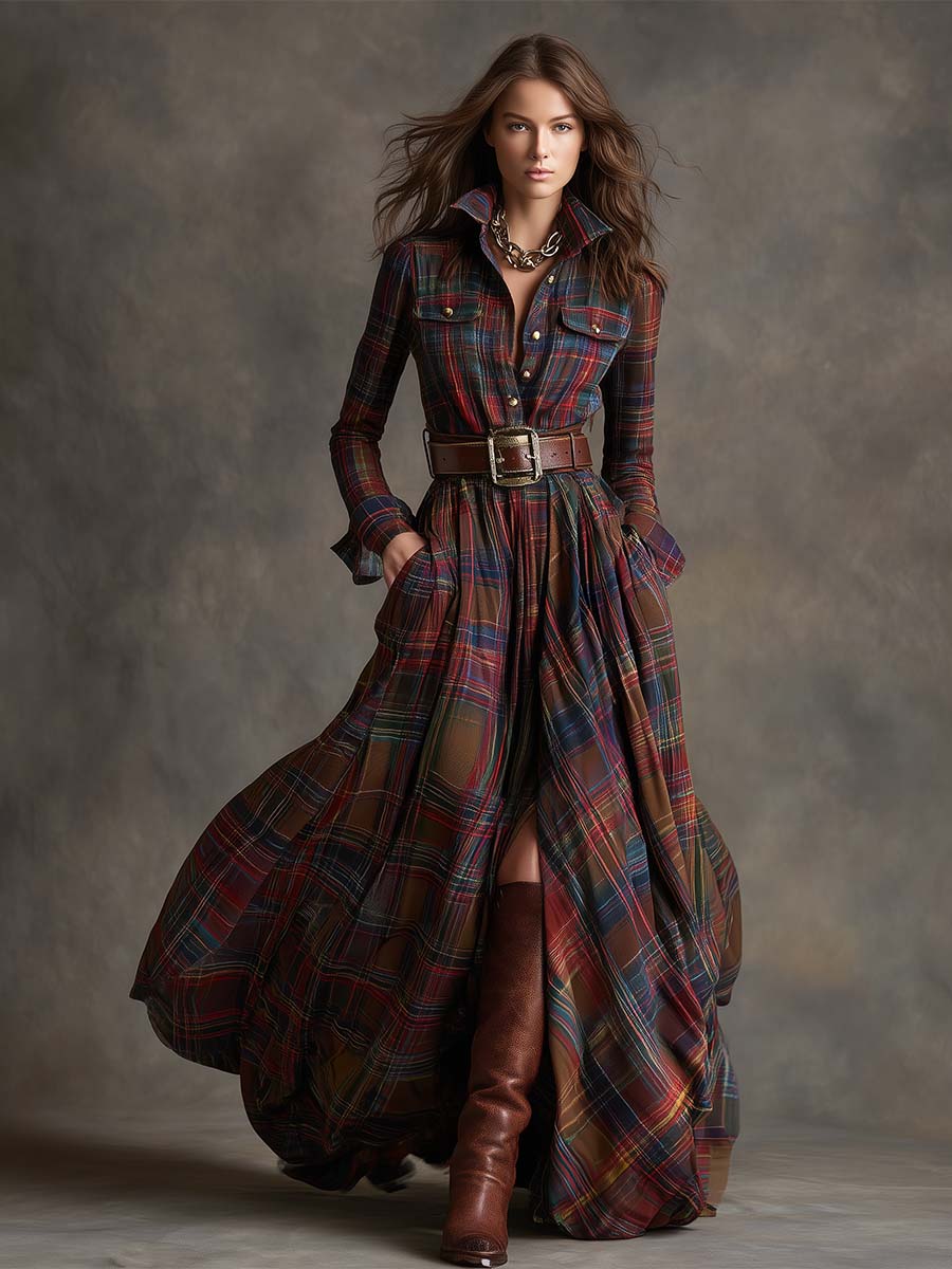 Ismerie | Elegant Plaid Dress With Leather Belt