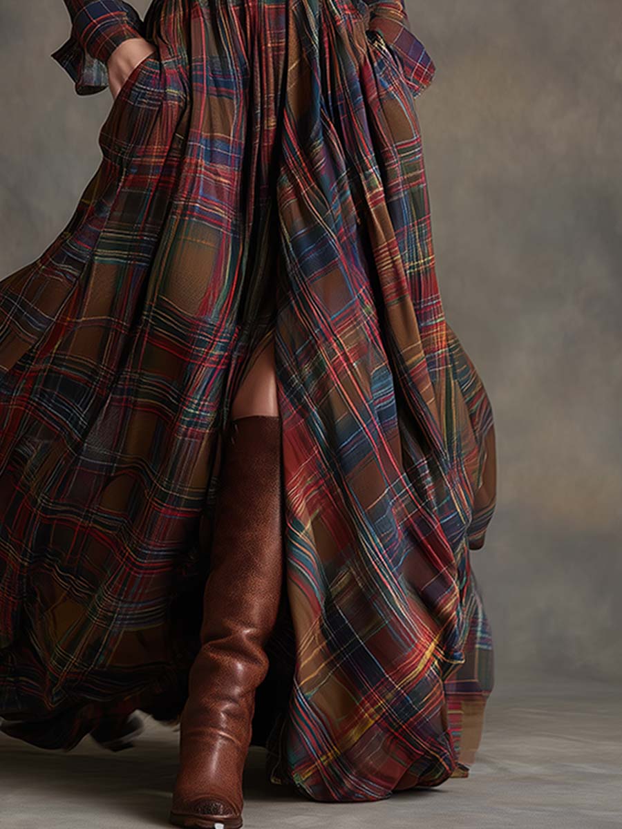 Ismerie | Elegant Plaid Dress With Leather Belt