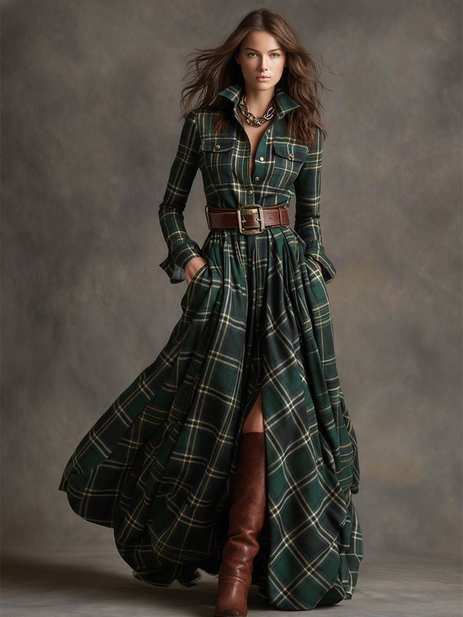 Ismerie | Elegant Plaid Dress With Leather Belt