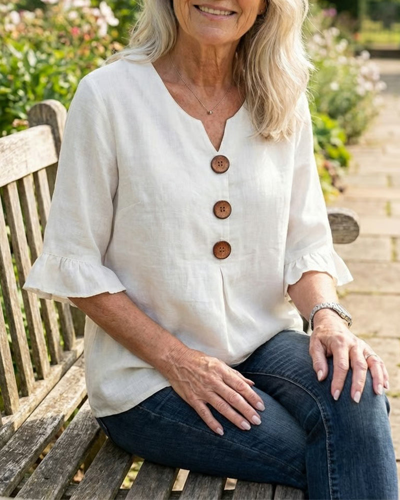 Sophia Blouse in solid cotton-linen with wooden buttons and frill