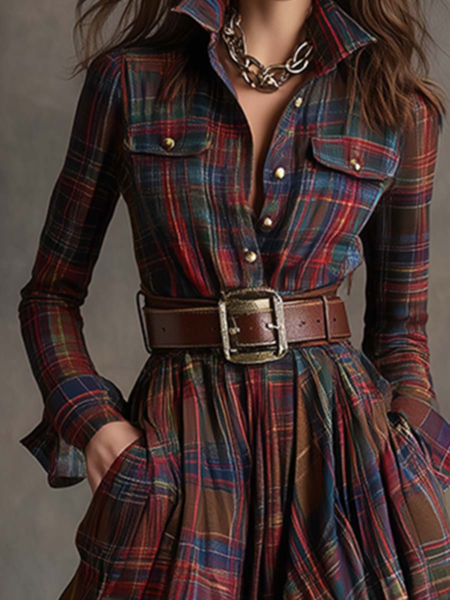 Ismerie | Elegant Plaid Dress With Leather Belt