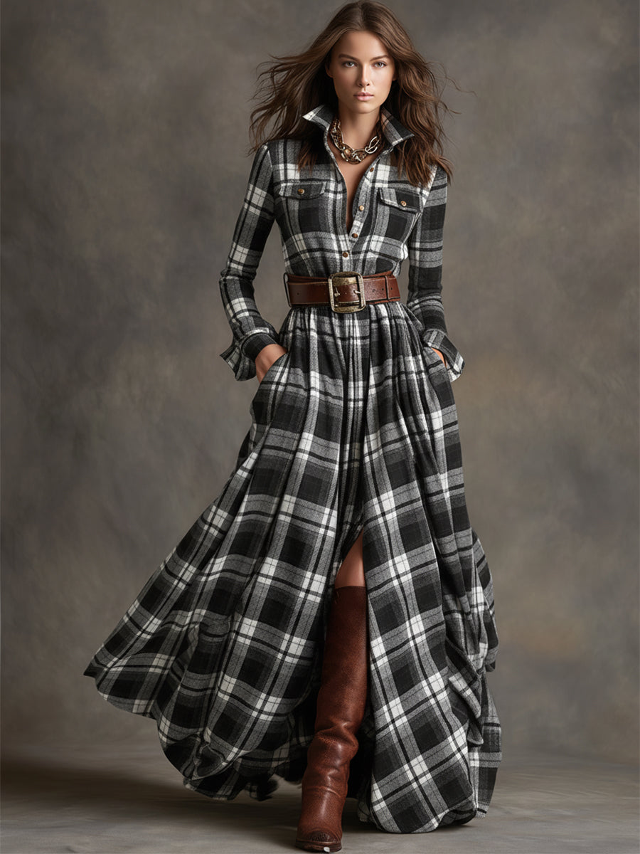 Ismerie | Elegant Plaid Dress With Leather Belt