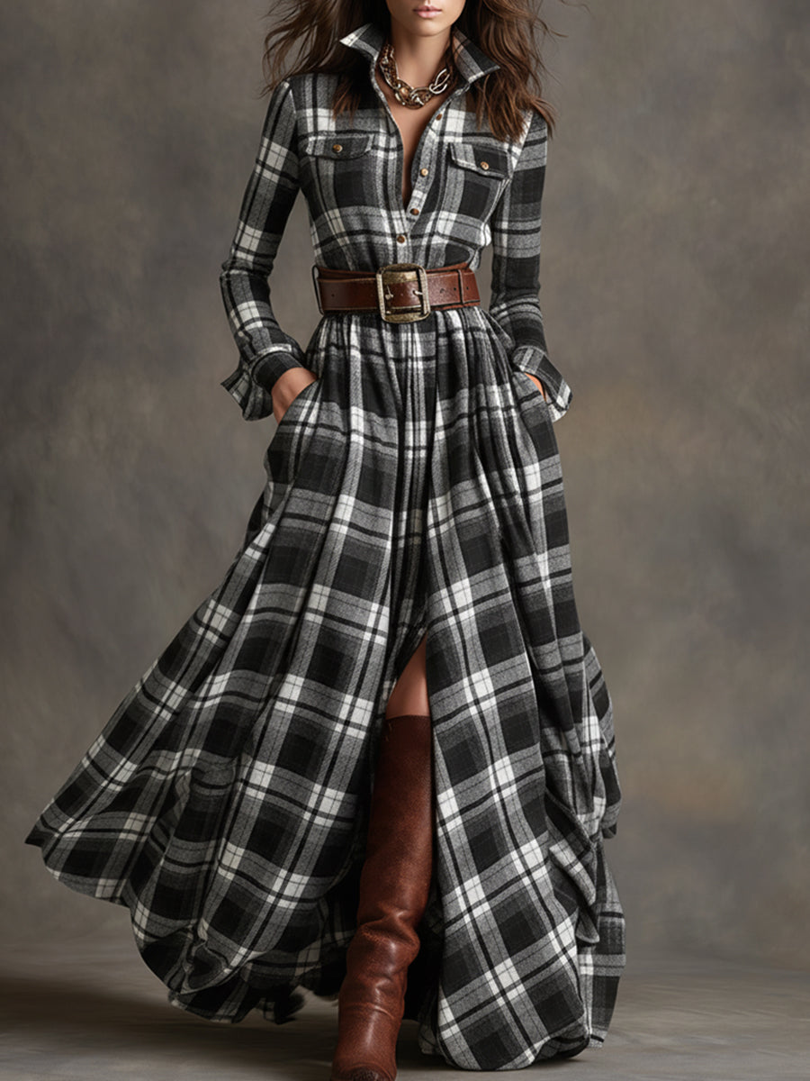 Ismerie | Elegant Plaid Dress With Leather Belt