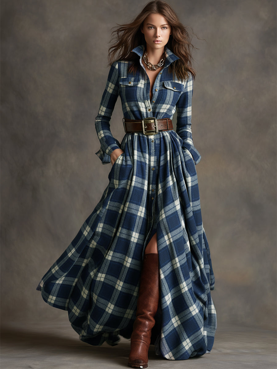Ismerie | Elegant Plaid Dress With Leather Belt