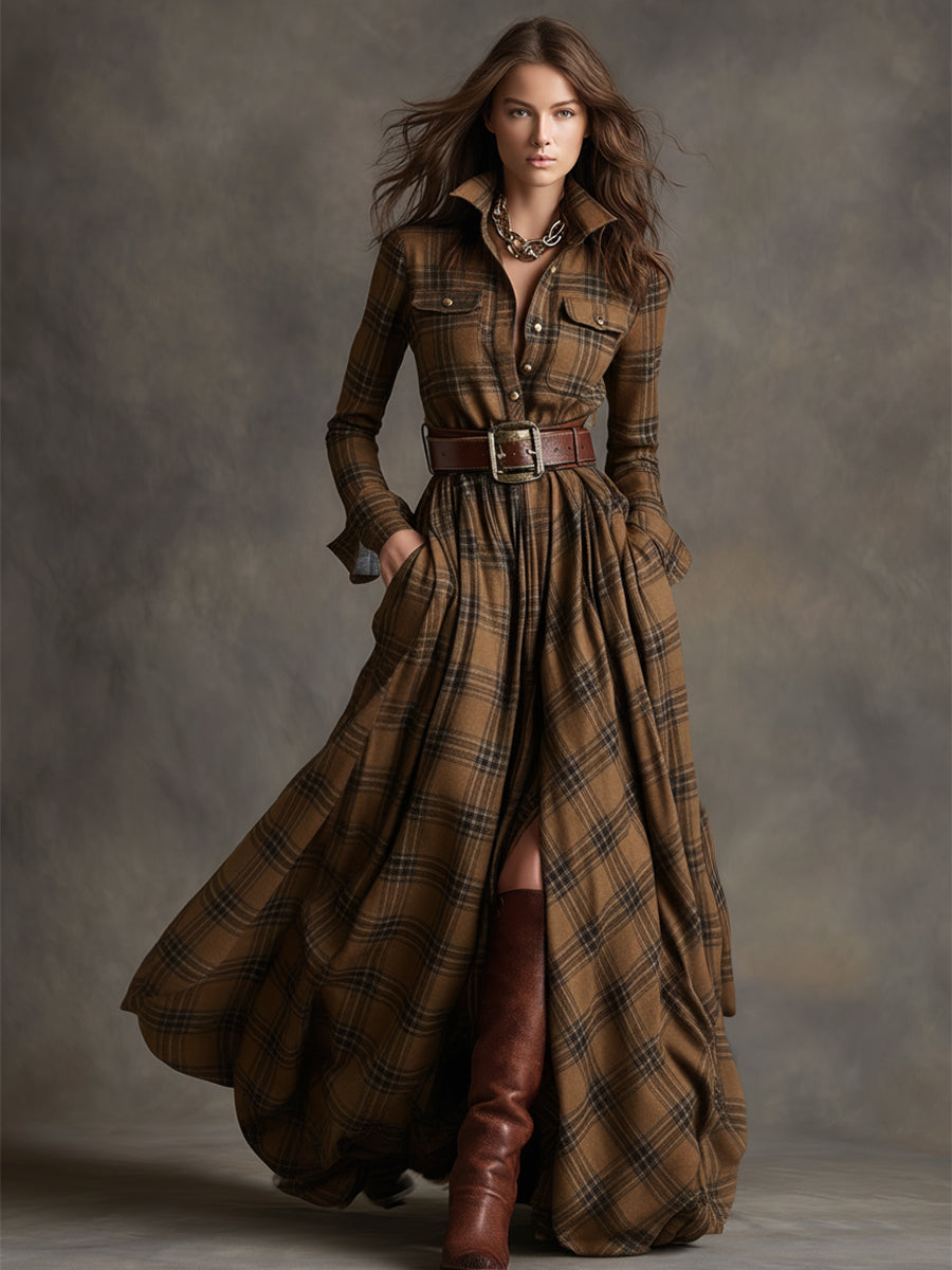 Ismerie | Elegant Plaid Dress With Leather Belt