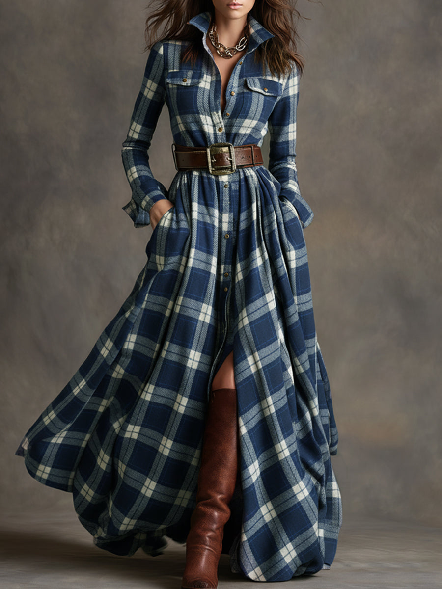 Ismerie | Elegant Plaid Dress With Leather Belt