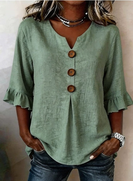 Sophia Blouse in solid cotton-linen with wooden buttons and frill