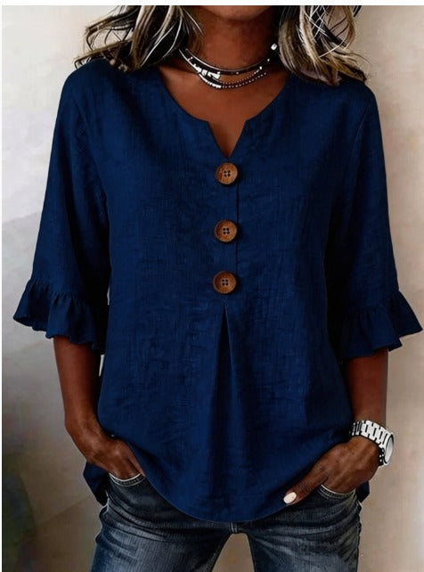Sophia Blouse in solid cotton-linen with wooden buttons and frill