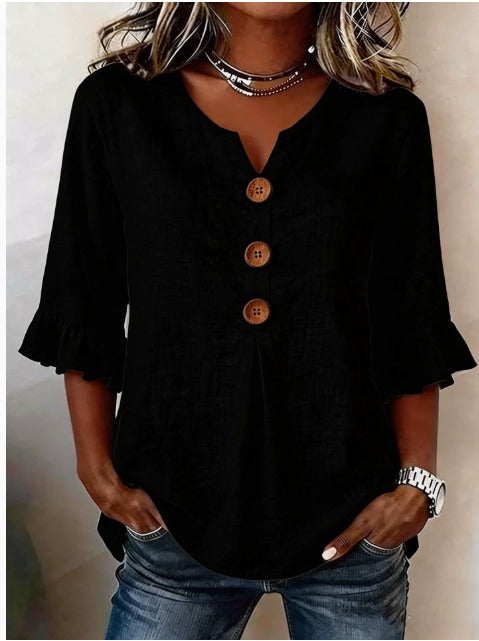 Sophia Blouse in solid cotton-linen with wooden buttons and frill