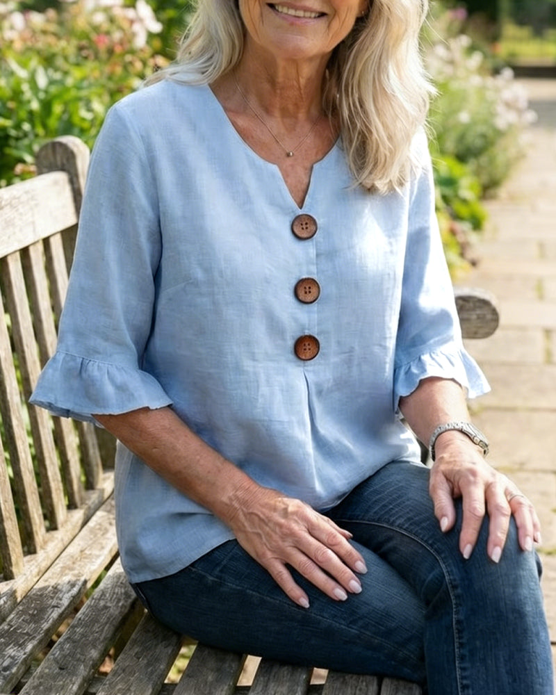 Sophia Blouse in solid cotton-linen with wooden buttons and frill