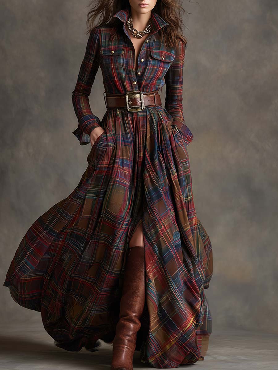 Ismerie | Elegant Plaid Dress With Leather Belt