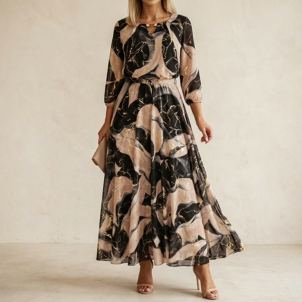 Vivara™ | Women's Marble Gold Chiffon Maxi Dress