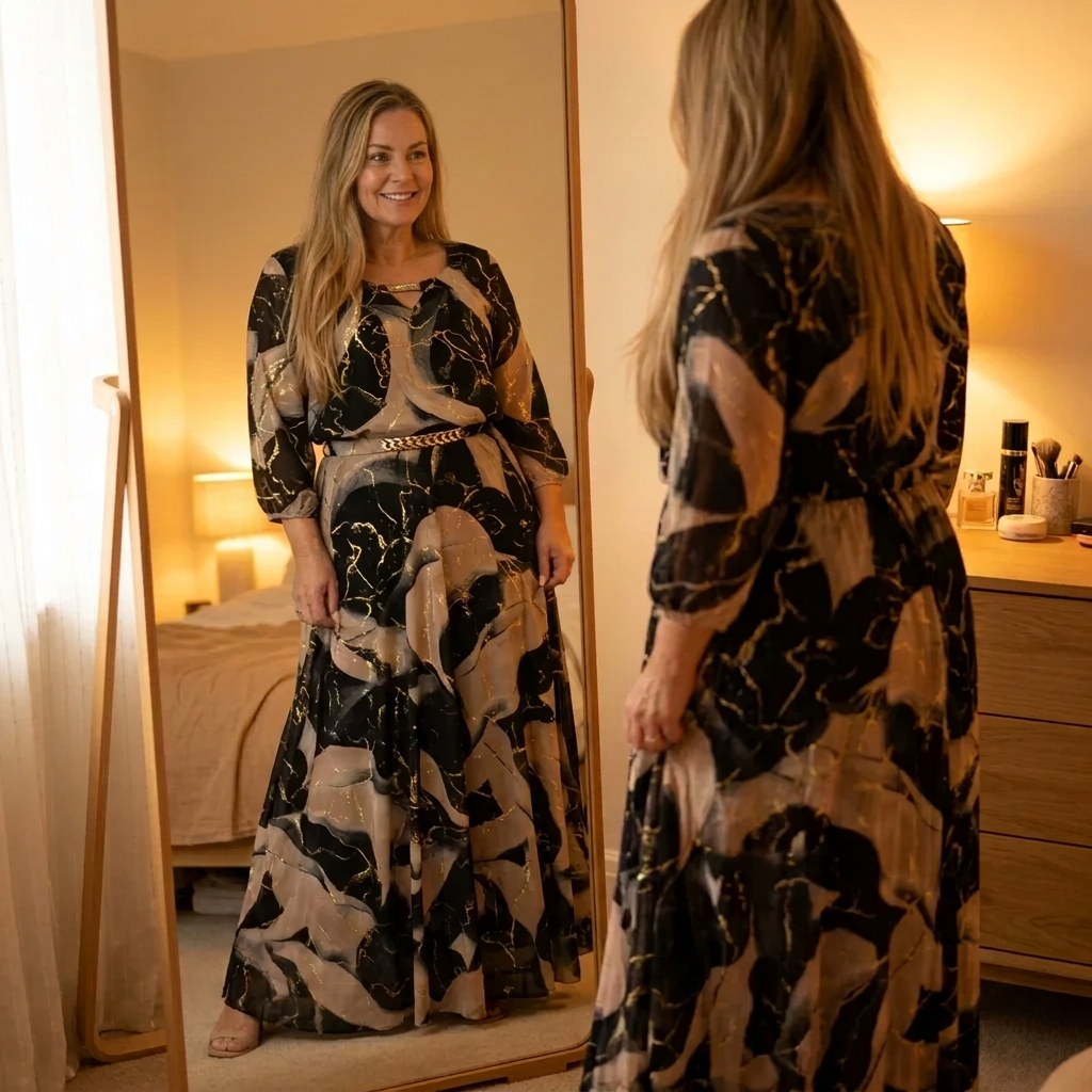 Vivara™ | Women's Marble Gold Chiffon Maxi Dress