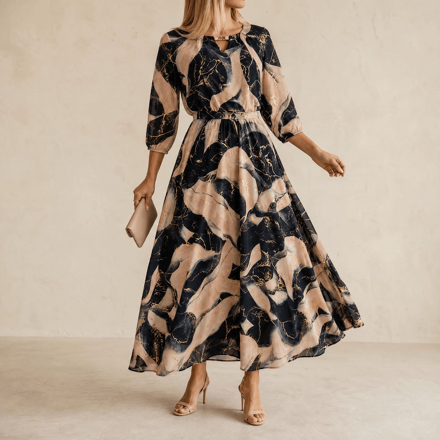 Vivara™ | Women's Marble Gold Chiffon Maxi Dress