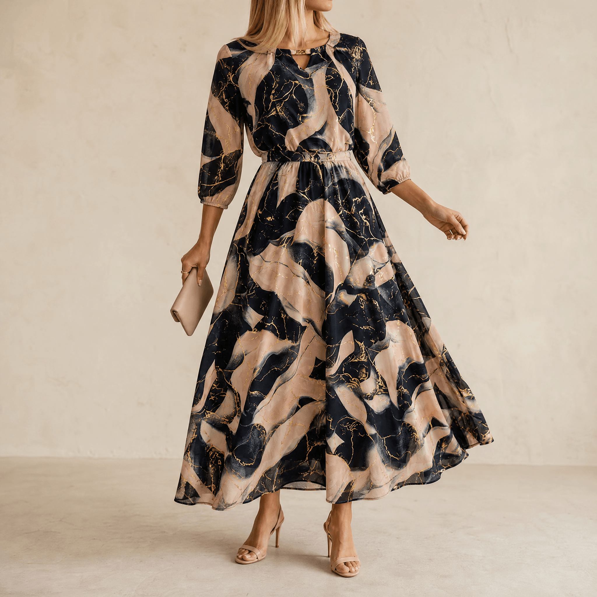 Vivara™ | Women's Marble Gold Chiffon Maxi Dress