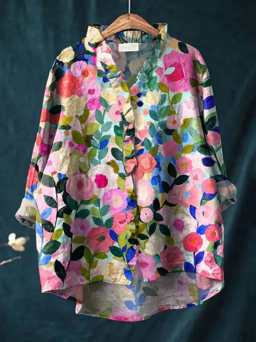 Rosie | Women's Floral Linen-Cotton Ruffle Blouse